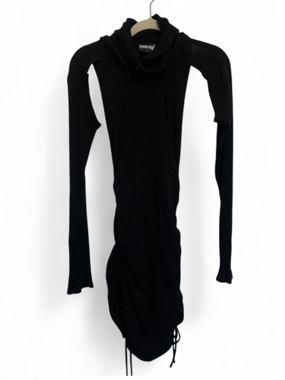 Darker Wavs Dolls Kill Black Hooded Cut Out Long Sleeve Ruched Bodycon Dress